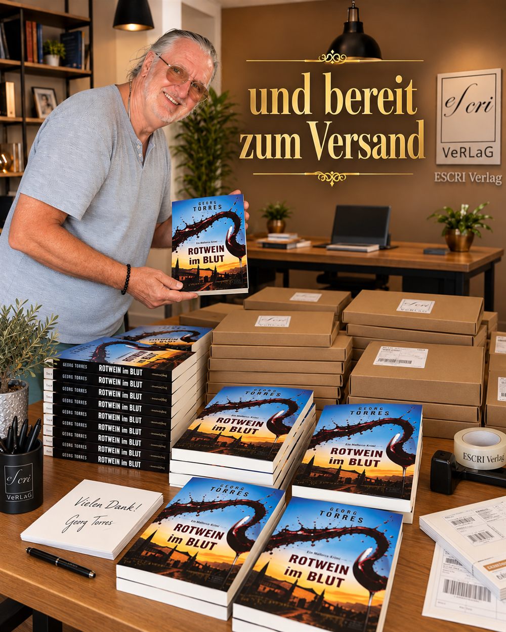 Bearbeitete Fassung: Georg Torres mit versandfertigen Exemplaren von Rotwein im Blut