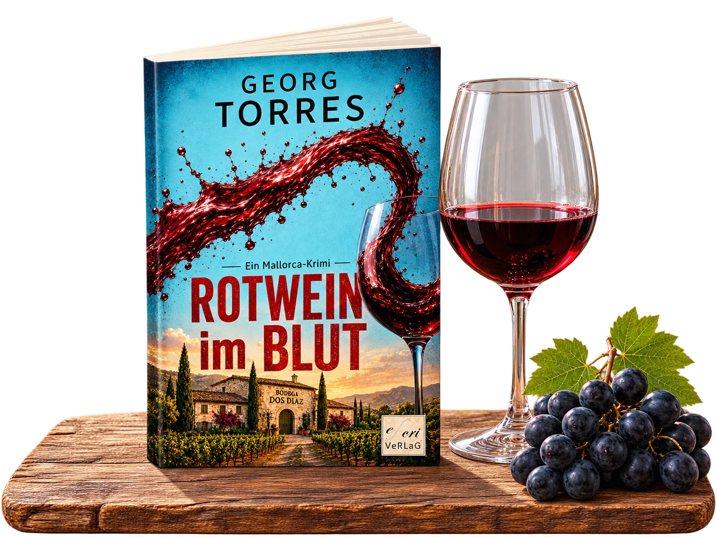 Rotwein im Blut vor einer Mallorca-Kulisse